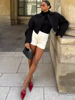Women Lapel Collar Batwing Oversleeve Zip Up Cropped Wool Blend Jacket