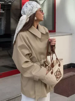 Women Lapel Self Belt Waist Tie Oversized Short Trench Coat Windbreaker Jacket