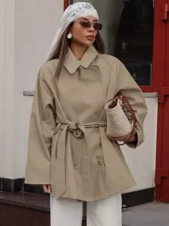 Women Lapel Self Belt Waist Tie Oversized Short Trench Coat Windbreaker Jacket