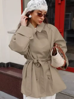 Women Lapel Self Belt Waist Tie Oversized Short Trench Coat Windbreaker Jacket