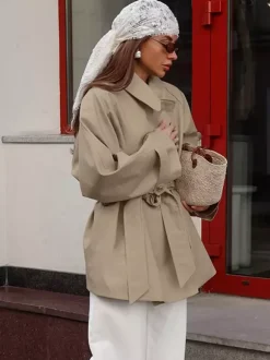 Women Lapel Self Belt Waist Tie Oversized Short Trench Coat Windbreaker Jacket