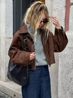 Women Lapel Zip Up Patch Pocket Oversized Cropped Faux Suede Jacket