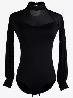 Women Latin Ballroom Dance Jumpsuits Long-sleeved Gauze Net Blouse Ballroom Flamenco Dance Practice Bodysuit