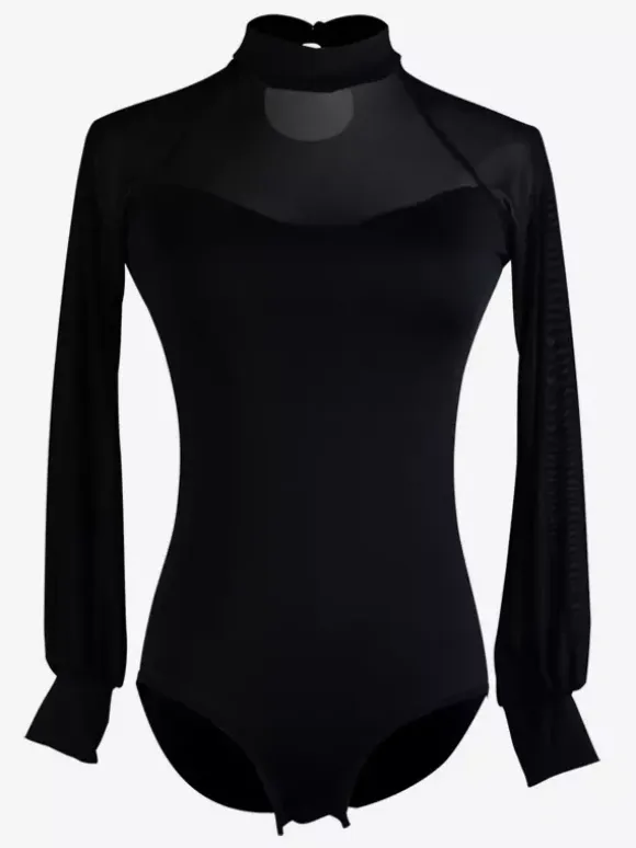 Women Latin Ballroom Dance Jumpsuits Long-sleeved Gauze Net Blouse Ballroom Flamenco Dance Practice Bodysuit