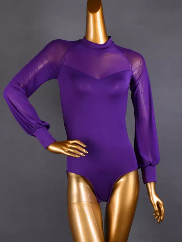 Women Latin Ballroom Dance Jumpsuits Long-sleeved Gauze Net Blouse Ballroom Flamenco Dance Practice Bodysuit