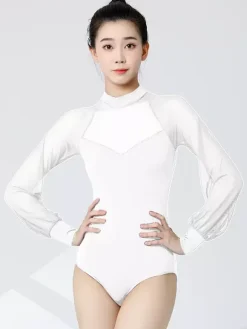 Women Latin Ballroom Dance Jumpsuits Long-sleeved Gauze Net Blouse Ballroom Flamenco Dance Practice Bodysuit