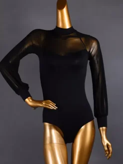 Women Latin Ballroom Dance Jumpsuits Long-sleeved Gauze Net Blouse Ballroom Flamenco Dance Practice Bodysuit