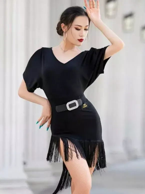 Women Latin Dance Clothing Off-Shoulder Short Sleeves With Belt Tassels Dance Dress