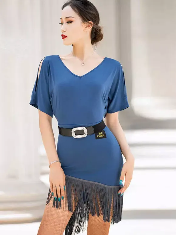Women Latin Dance Clothing Off-Shoulder Short Sleeves With Belt Tassels Dance Dress