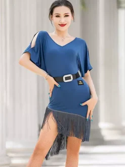 Women Latin Dance Clothing Off-Shoulder Short Sleeves With Belt Tassels Dance Dress