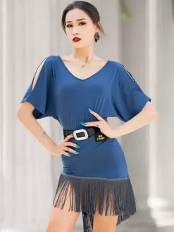 Women Latin Dance Clothing Off-Shoulder Short Sleeves With Belt Tassels Dance Dress