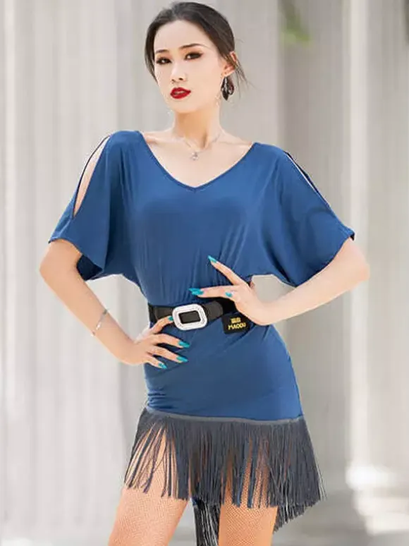 Women Latin Dance Clothing Off-Shoulder Short Sleeves With Belt Tassels Dance Dress