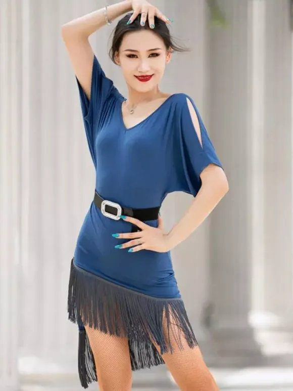 Women Latin Dance Clothing Off-Shoulder Short Sleeves With Belt Tassels Dance Dress