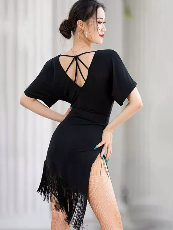 Women Latin Dance Clothing Off-Shoulder Short Sleeves With Belt Tassels Dance Dress