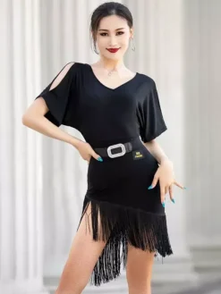 Women Latin Dance Clothing Off-Shoulder Short Sleeves With Belt Tassels Dance Dress