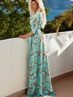 Women Maxi Dress Printed Half Sleeves Split Floor Length Wrap Dress