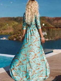 Women Maxi Dress Printed Half Sleeves Split Floor Length Wrap Dress