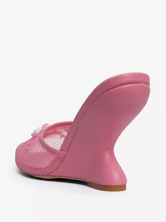 Women Mesh Wedge Heel Slippers Round Toe Flowers Backless Wedge Sandal Mules