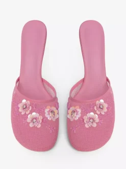 Women Mesh Wedge Heel Slippers Round Toe Flowers Backless Wedge Sandal Mules