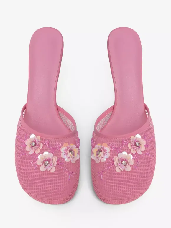 Women Mesh Wedge Heel Slippers Round Toe Flowers Backless Wedge Sandal Mules