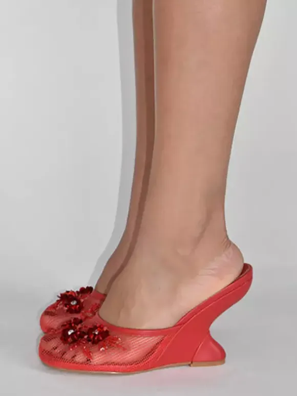 Women Mesh Wedge Heel Slippers Round Toe Flowers Backless Wedge Sandal Mules
