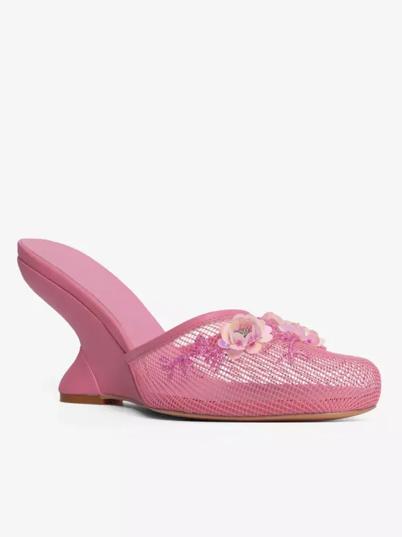 Women Mesh Wedge Heel Slippers Round Toe Flowers Backless Wedge Sandal Mules