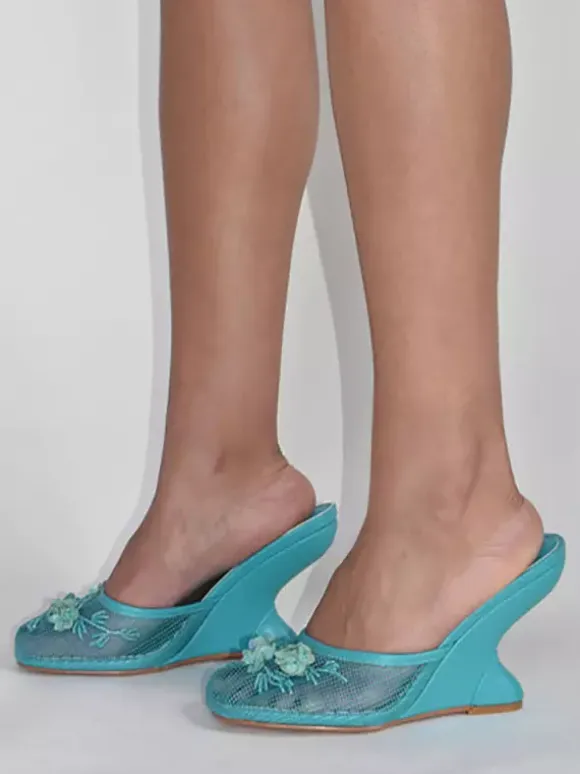 Women Mesh Wedge Heel Slippers Round Toe Flowers Backless Wedge Sandal Mules