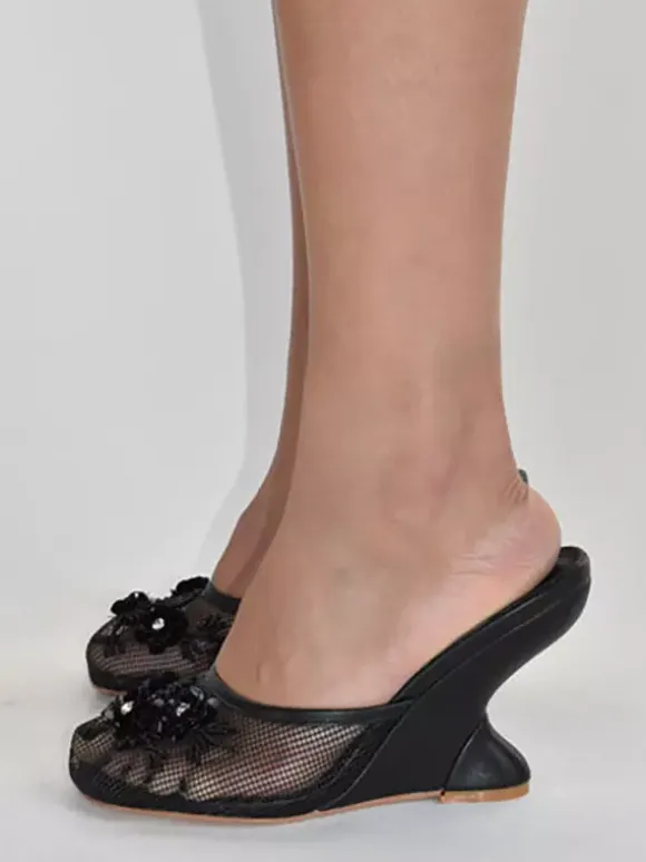 Women Mesh Wedge Heel Slippers Round Toe Flowers Backless Wedge Sandal Mules