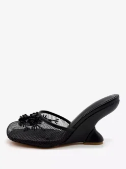 Women Mesh Wedge Heel Slippers Round Toe Flowers Backless Wedge Sandal Mules