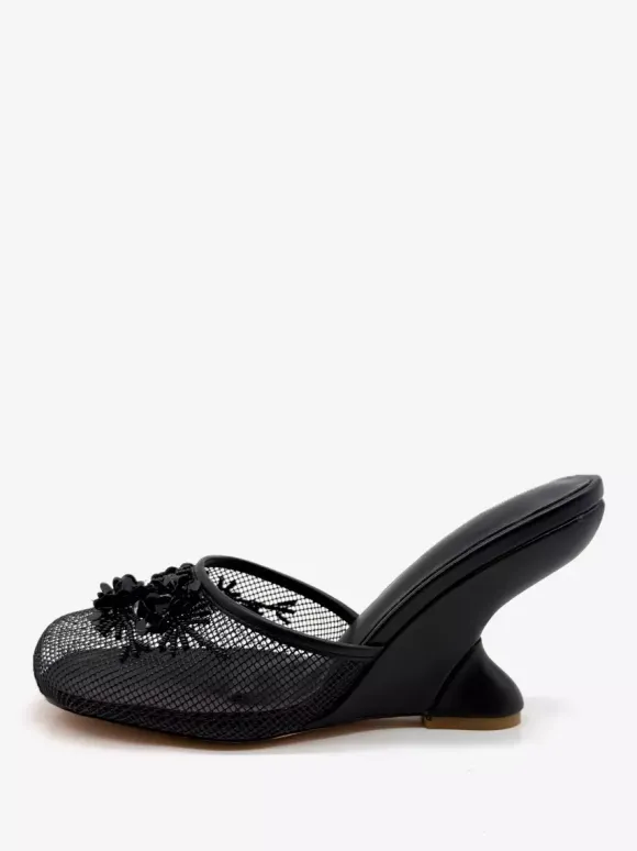 Women Mesh Wedge Heel Slippers Round Toe Flowers Backless Wedge Sandal Mules