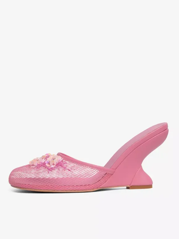 Women Mesh Wedge Heel Slippers Round Toe Flowers Backless Wedge Sandal Mules