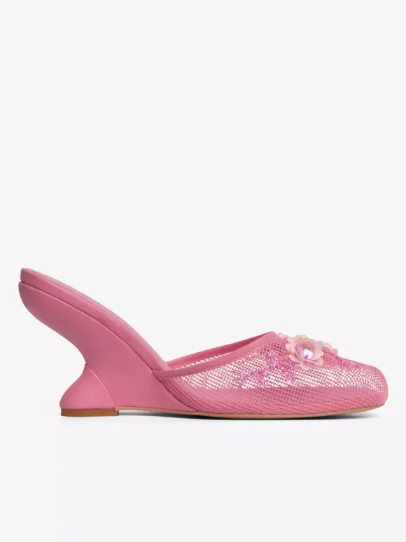 Women Mesh Wedge Heel Slippers Round Toe Flowers Backless Wedge Sandal Mules