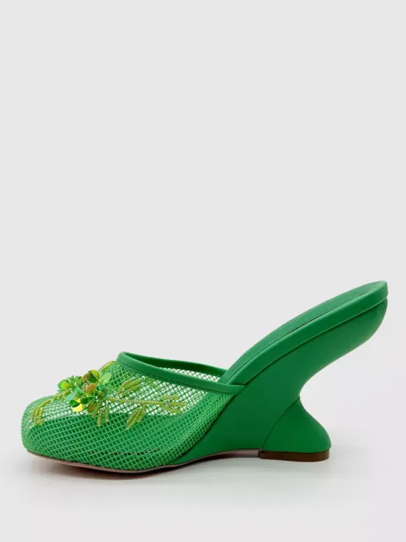 Women Mesh Wedge Heel Slippers Round Toe Flowers Backless Wedge Sandal Mules