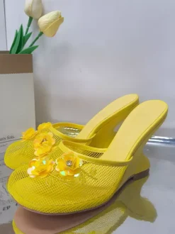 Women Mesh Wedge Heel Slippers Round Toe Flowers Backless Wedge Sandal Mules
