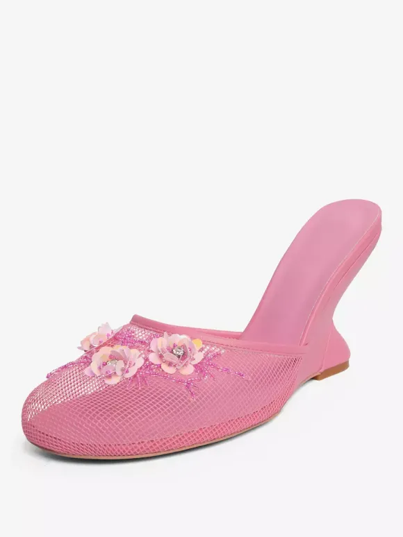 Women Mesh Wedge Heel Slippers Round Toe Flowers Backless Wedge Sandal Mules