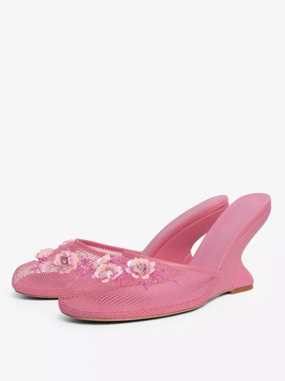 Women Mesh Wedge Heel Slippers Round Toe Flowers Backless Wedge Sandal Mules