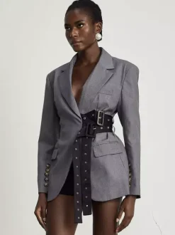 Women Notched Lapel Belted Rivet Strap Cinched Waist Blazer Mini Dress