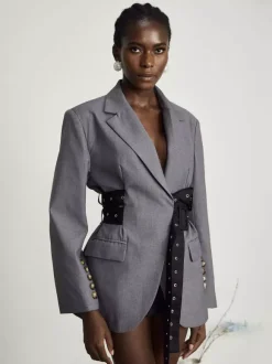 Women Notched Lapel Belted Rivet Strap Cinched Waist Blazer Mini Dress