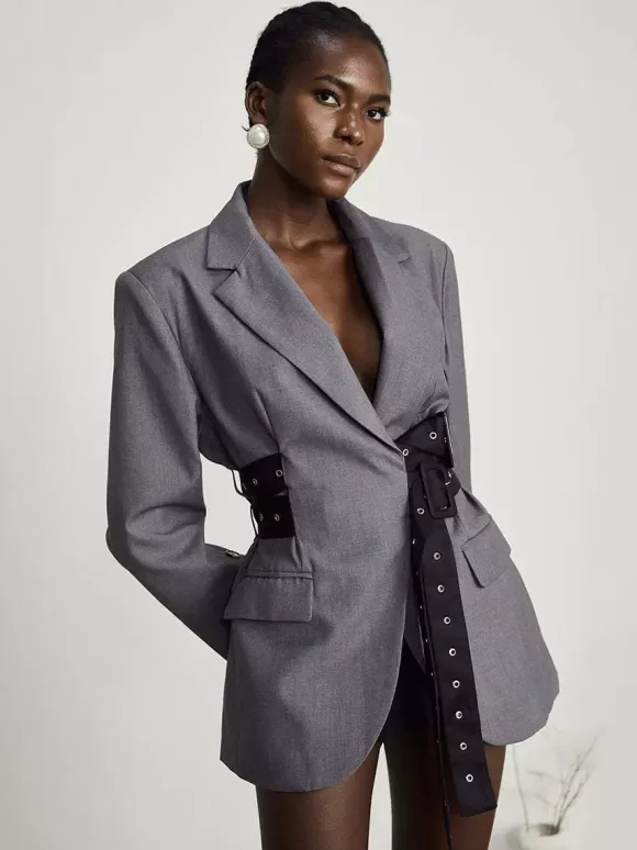 Women Notched Lapel Belted Rivet Strap Cinched Waist Blazer Mini Dress