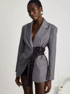 Women Notched Lapel Belted Rivet Strap Cinched Waist Blazer Mini Dress