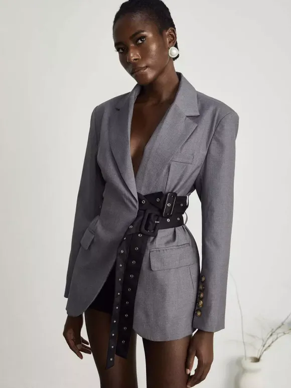 Women Notched Lapel Belted Rivet Strap Cinched Waist Blazer Mini Dress