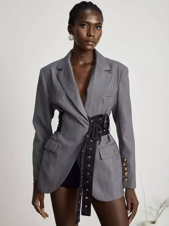 Women Notched Lapel Belted Rivet Strap Cinched Waist Blazer Mini Dress