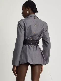 Women Notched Lapel Belted Rivet Strap Cinched Waist Blazer Mini Dress