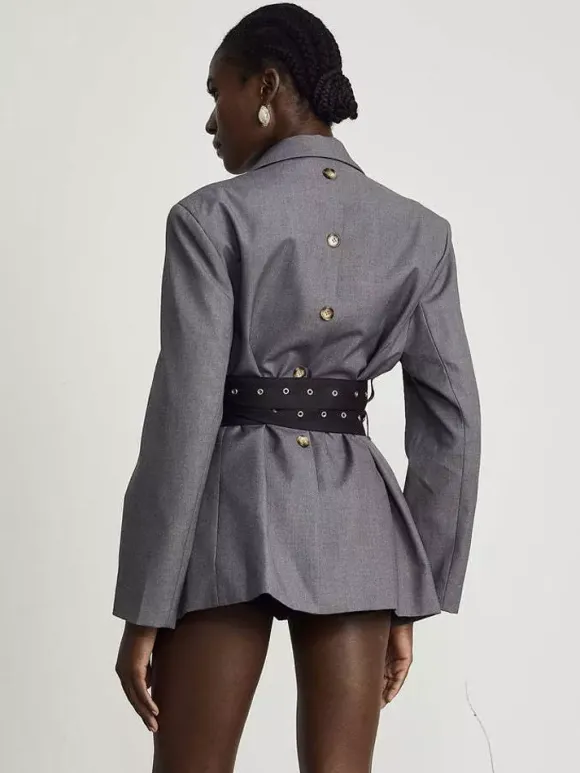 Women Notched Lapel Belted Rivet Strap Cinched Waist Blazer Mini Dress