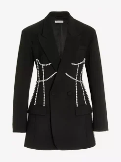 Women Notched Lapel Rhinestone Chain Cutout Mini Blazer Dress