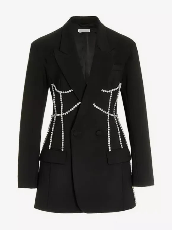 Women Notched Lapel Rhinestone Chain Cutout Mini Blazer Dress