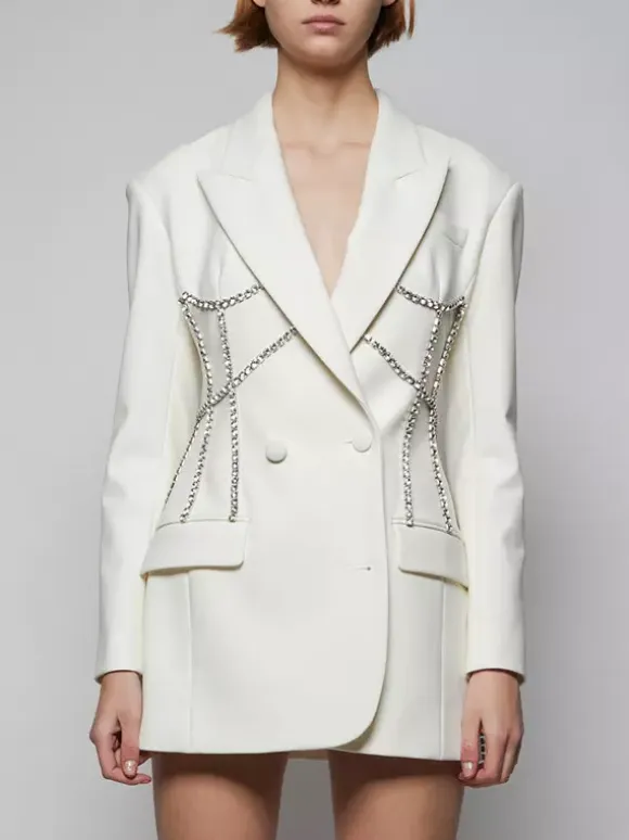 Women Notched Lapel Rhinestone Chain Cutout Mini Blazer Dress