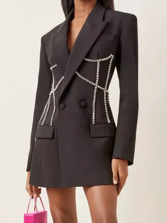Women Notched Lapel Rhinestone Chain Cutout Mini Blazer Dress