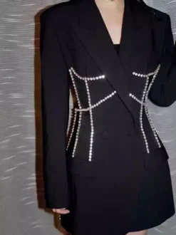 Women Notched Lapel Rhinestone Chain Cutout Mini Blazer Dress
