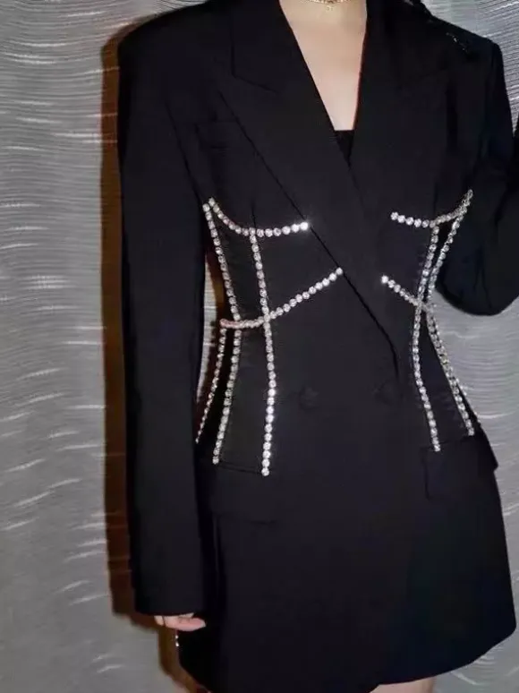 Women Notched Lapel Rhinestone Chain Cutout Mini Blazer Dress